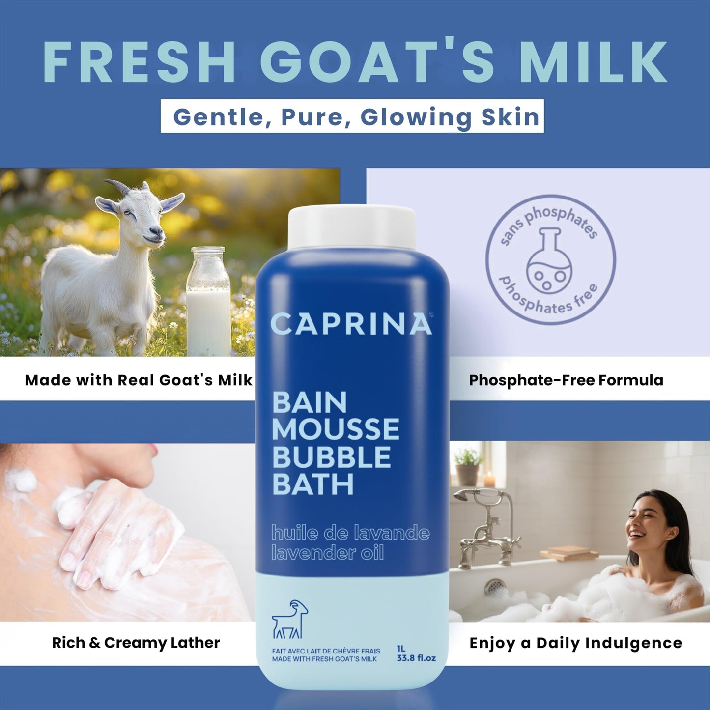Caprina Fresh Goat’s Milk Bubble Bath, 1L, Hydrating Relaxing Foam Bath, Moisturizing and Gentle on Skin, Made in Canada (Lavender Oil) Beauty and Personal Care Caprina by Canus