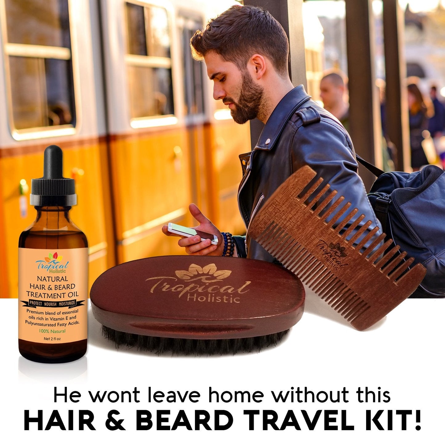 Tropical Holistic Natural Beard Grooming Kit for Men, 3-in-1 Set, Boar Bristle Brush, Handmade Wood Comb, 100% Pure Unscented Hair Treatment Oil 2 oz Beauty and Personal Care Tropical Holistic