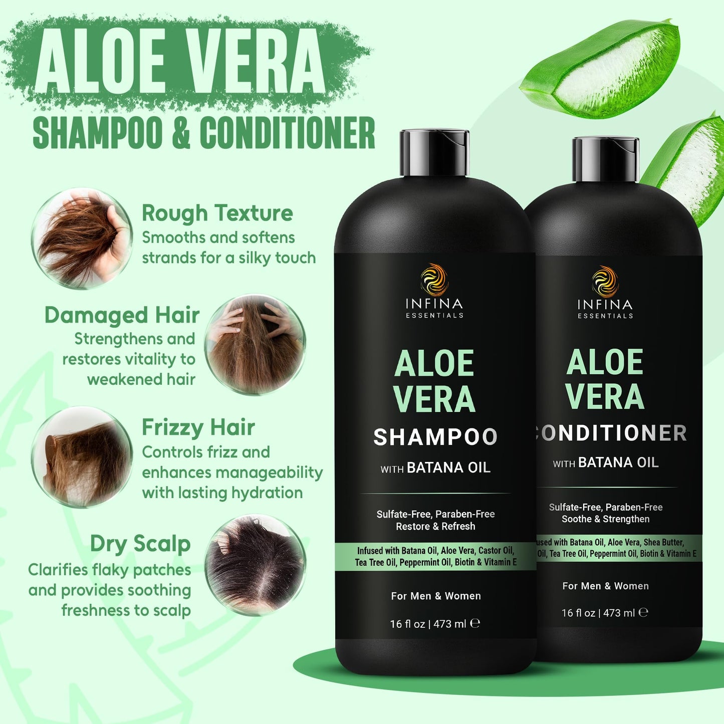 INFINA ESSENTIALS Aloe Vera Shampoo and Conditioner Set | 16 fl oz Each | with Batana Oil | Hydrating, Soothing & Moisture Balance Formula | Beauty & Personal Care INFINA ESSENTIALS