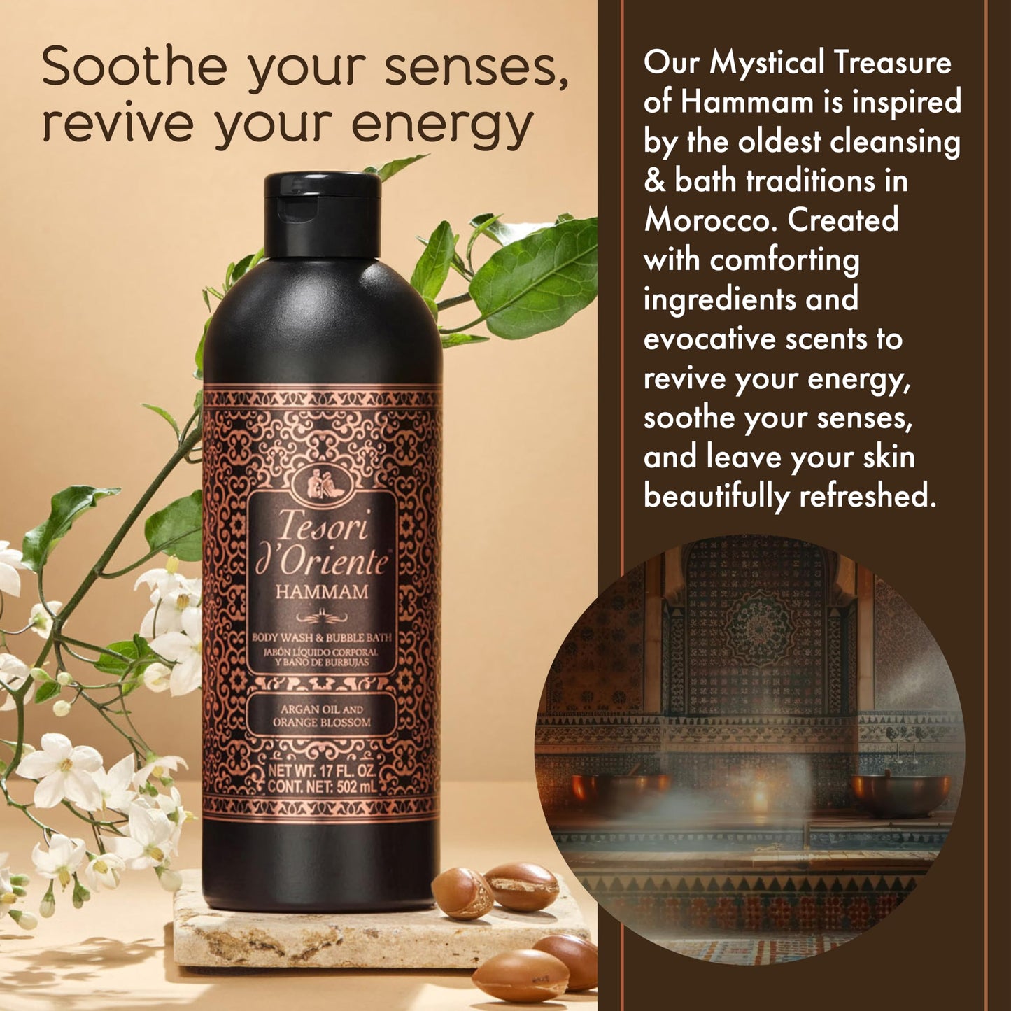Tesori d’Oriente Hammam Body Wash & Bubble Bath, 17.5 fl oz, Gentle, Hydrating Shower Gel with Argan Oil & Vitamin E, Warm Orange Blossom Scented, No Beauty & Personal Care Tesori d'Oriente