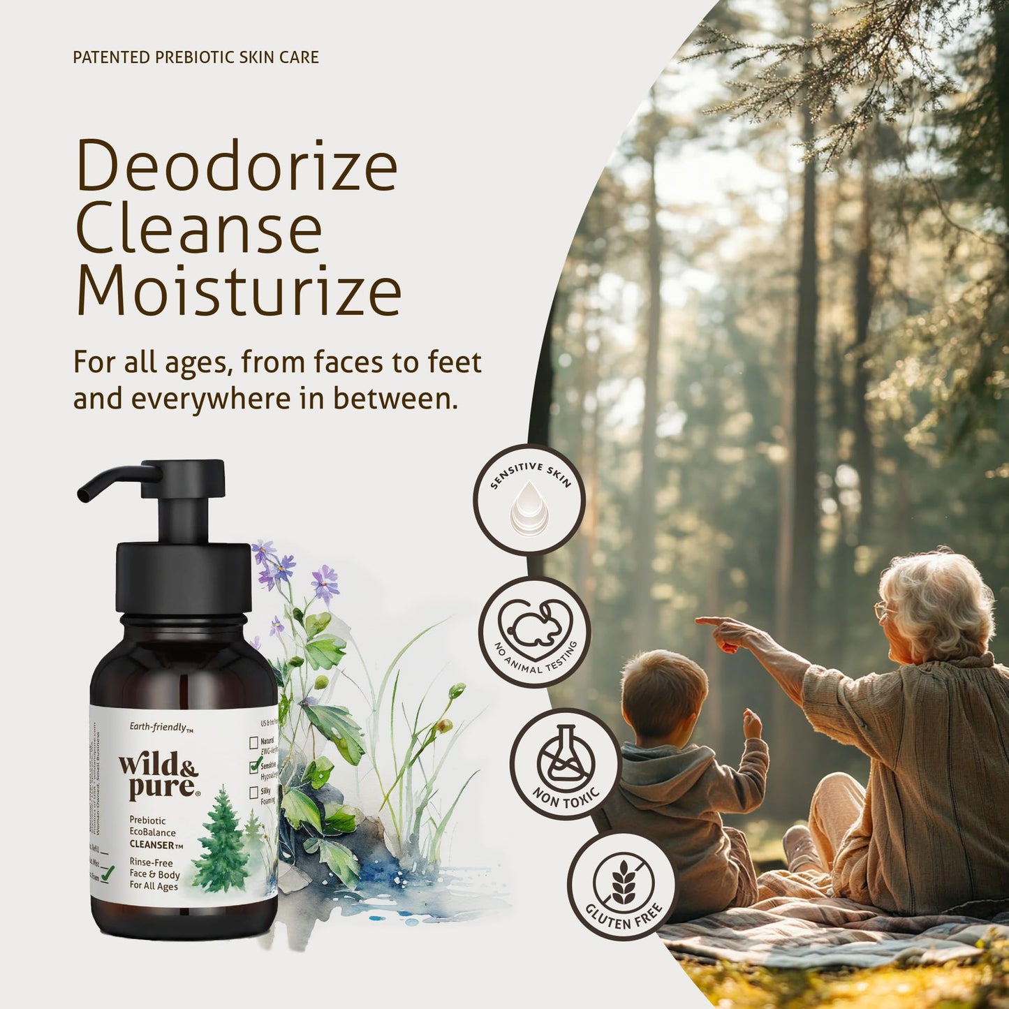 Wild & Pure Sensitive Skin Foaming Body Wash (8oz) | Cleanser, Deodorizer, Moisturizer for Face, Hands, Body & Below the Belt | pH-Balanced Beauty & Personal Care Wild & Pure