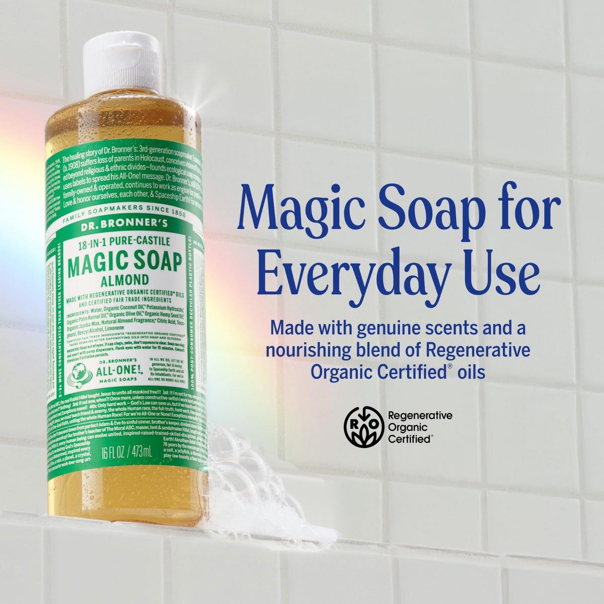 Dr. Bronner's Pure-Castile Magic Liquid Soap (Almond, 16 Ounce, 2-Pack)- Made with Regenerative Organic Certified Oils, 18-in1 Uses: Face, Hair, Hand Beauty & Personal Care Dr. Bronner's