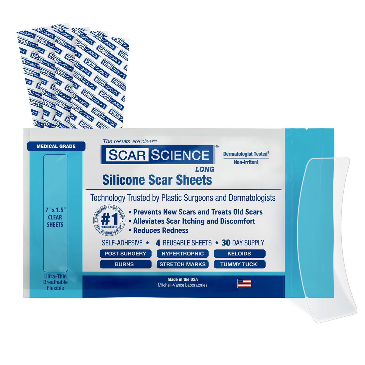 Medical Grade Silicone Scar Sheets - 7" Reusable Water-Resistant Silicone Tape for Scars - Clear Breathable Tape for C-Section, Tummy Tuck, Surgical