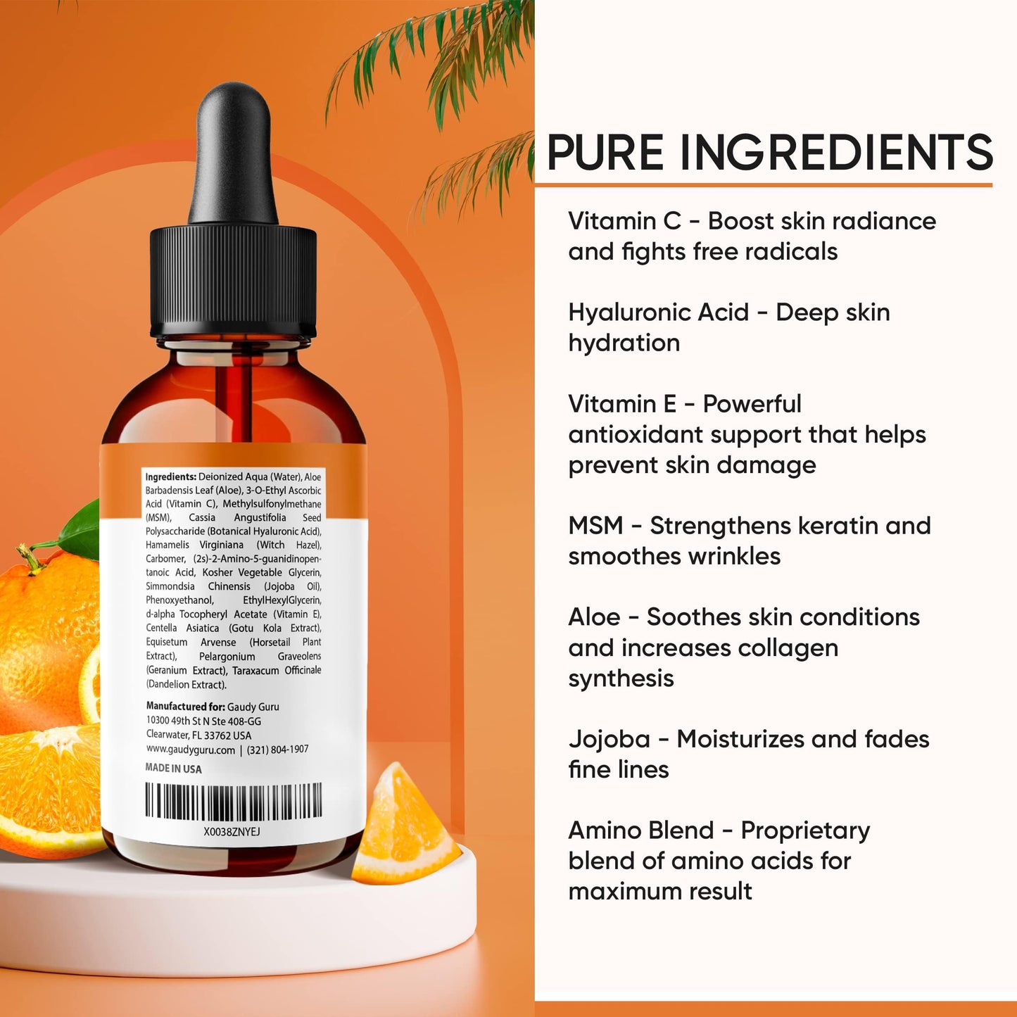 100% PURE VITAMIN C SERUM FOR FACE, Anti Aging Serum with Hyaluronic Acid, Vitamin E, MSM, Hydrating Serum for Dark Spots, Fine Lines, Wrinkles Beauty & Personal Care Gaudy Guru