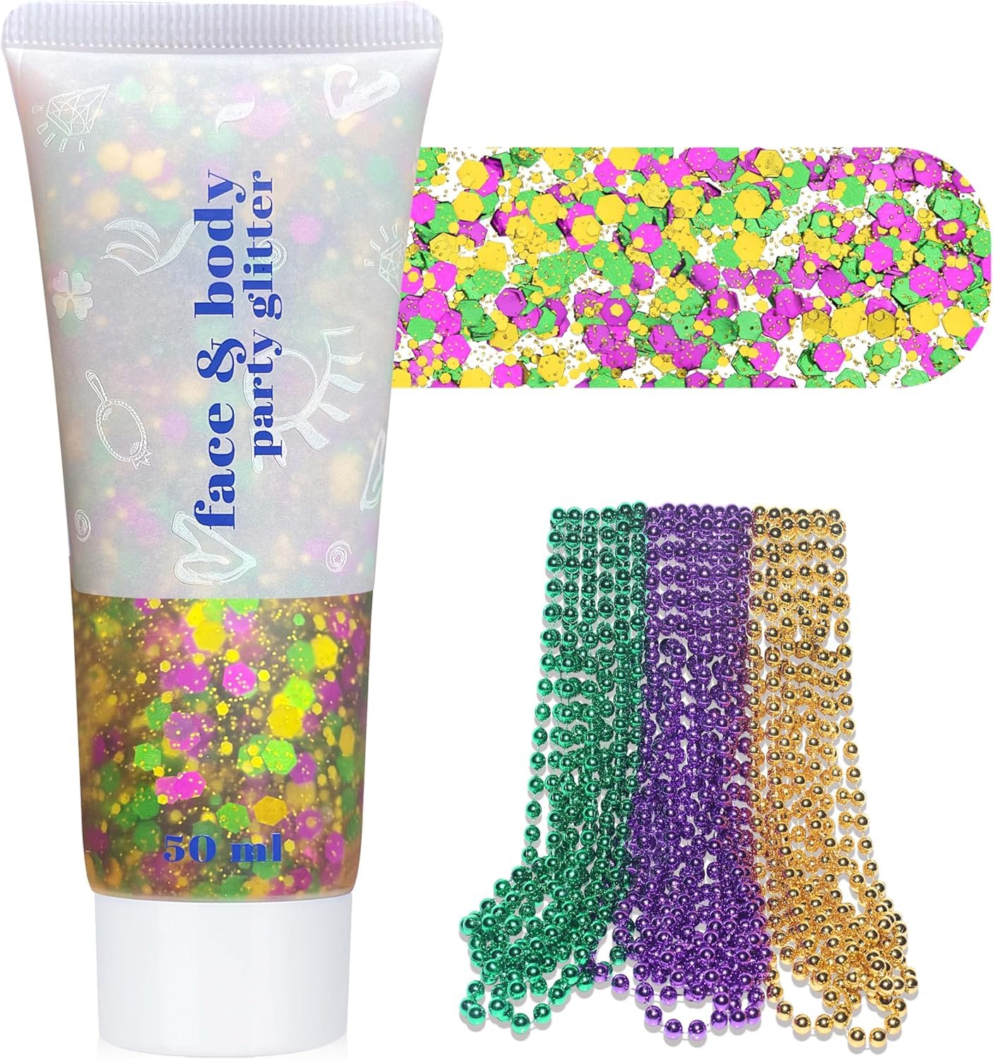 Purple Green Gold Mardigras Face Hair Glitter Makeup Set, for Parade Mask Parties Carnivals, with 10 PCS 7mm Beads Necklaces Beauty & Personal Care faglowmify