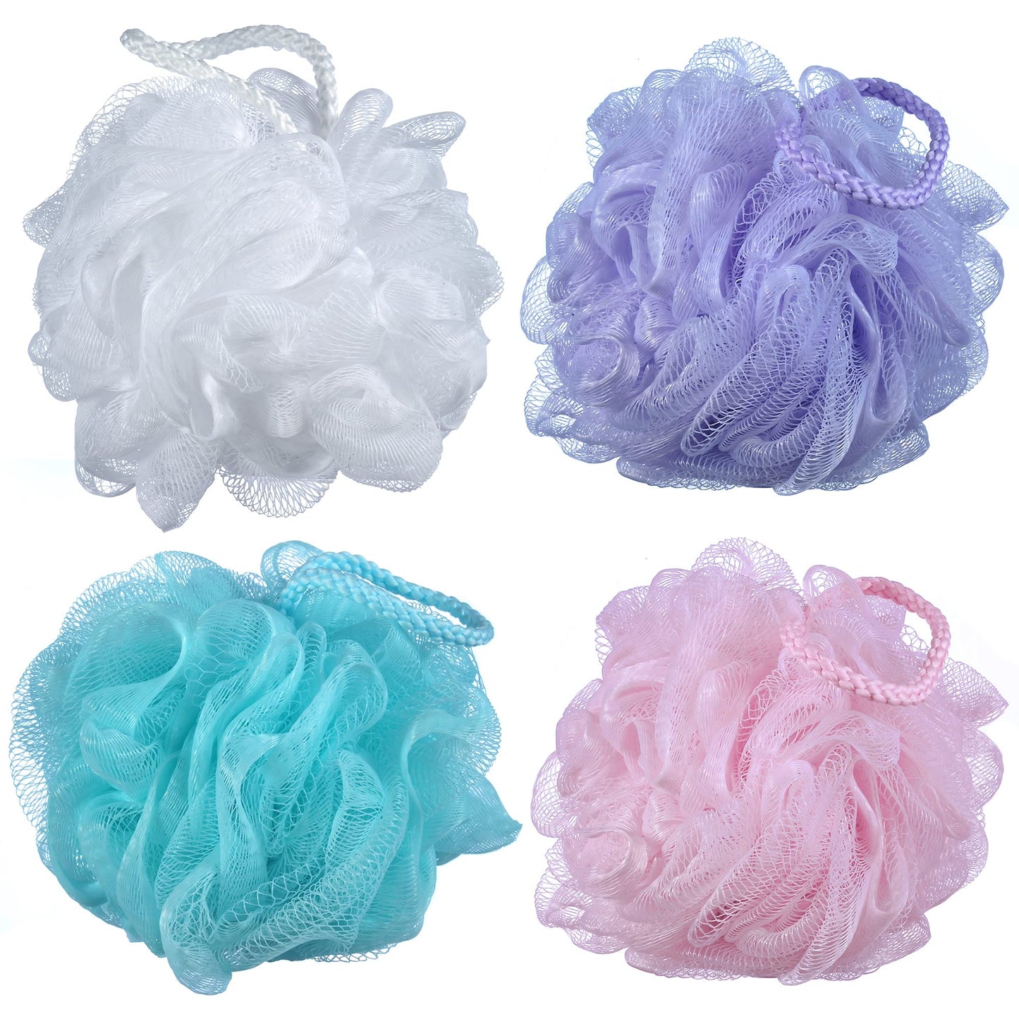 iboodi 60g/pcs Multi-Color Mesh Bath Sponge Shower Pouf Loofahs Shower Puff Pack of 4 (White,Pink,Purple and Blue) Beauty and Personal Care iboodi
