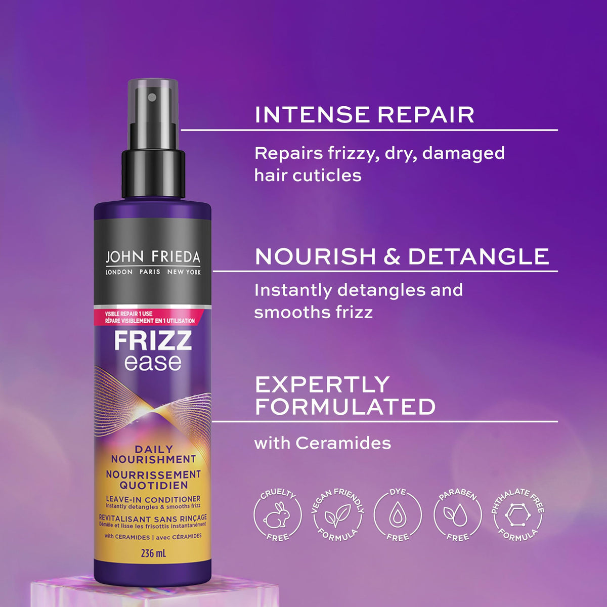 John Frieda Frizz Ease Nourishing Anti Frizz Leave-in Conditioner and Heat Protectant for Frizzy-prone Hair, Moisturizes and Renews Shine, 8 oz (2