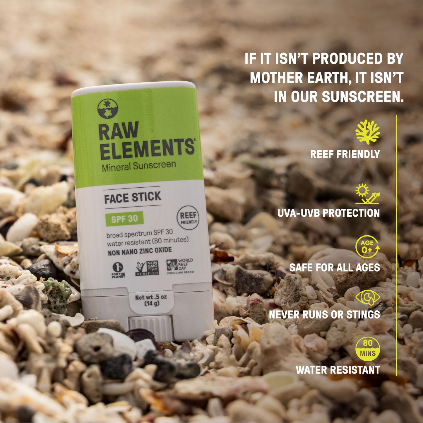 Raw Elements Face All-Natural Mineral Sunscreen Stick, Non-Nano Zinc Oxide, 95% Organic, Water-Resistant 80 Min, Reef Safe, All Ages Safe, SPF 30+ Beauty & Personal Care Raw Elements