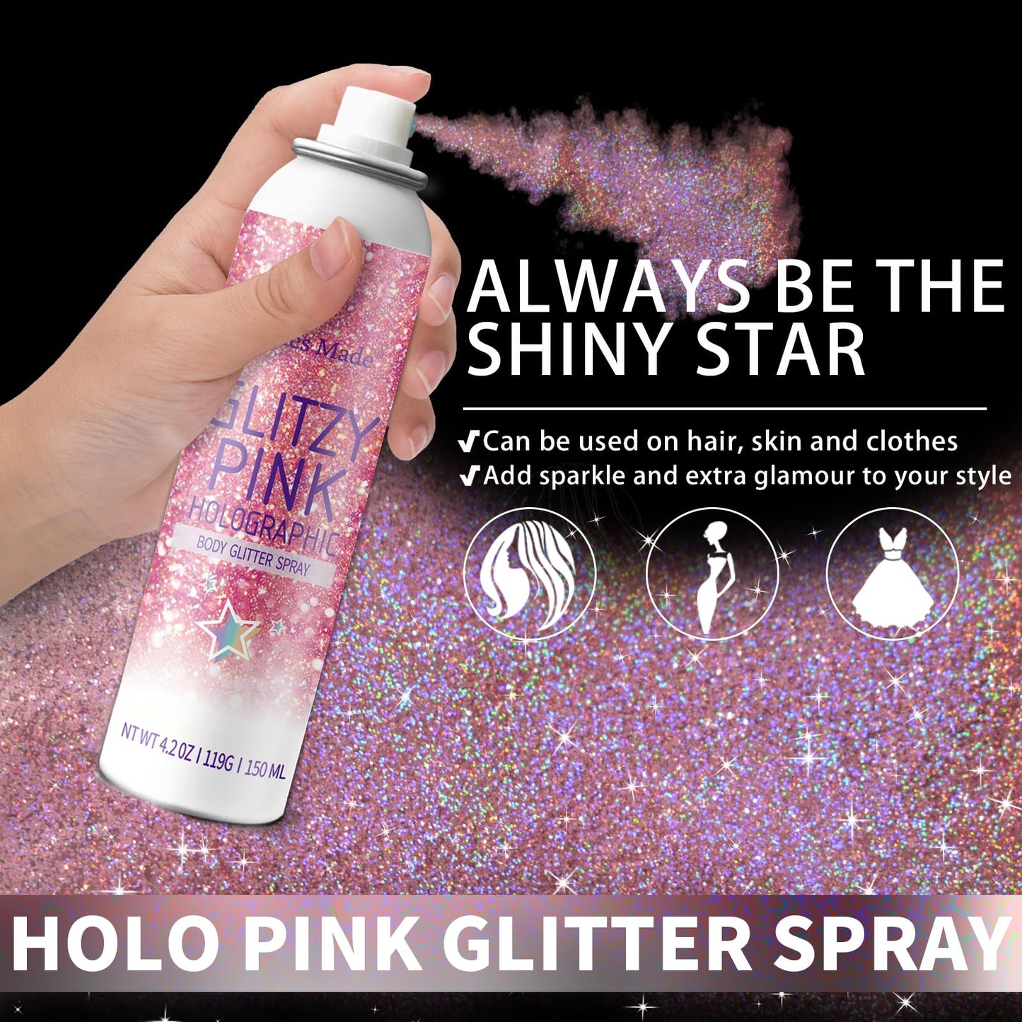 Elitles Made Hair Glitter Body Glitter Spray, 150ML Glitter Hairspray Holographic Pink Glitter Spray for Hair and Body, Hair Glitter for Kids Women Beauty & Personal Care Elitles Made