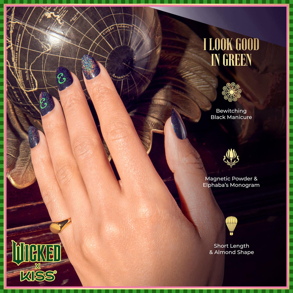 WICKED X KISS Press On Nails Almond, ‘I Look Good in Green’, Green, Short, Waterproof, Chip Proof, Smudge Proof, 28 Fake Nails, Pink Gel Nail Glue