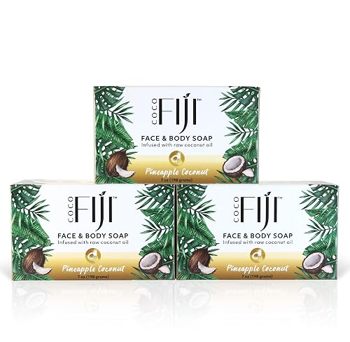 "Coco Fiji Soap Bar for Face and Body Infused With Organic Coconut Oil, Pineapple Coconut Essential Oil, Natural Soap for Moisturizing & Pore Beauty & Personal Care Organic Fiji