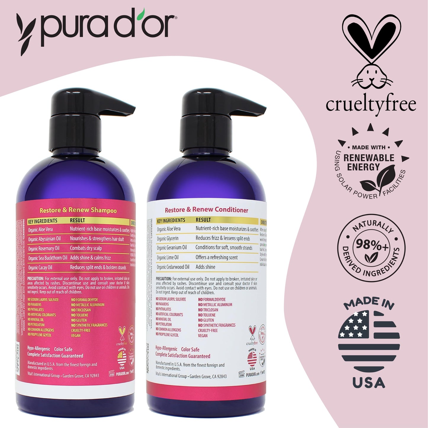 PURA D'OR Restore & Renew Shampoo and Conditioner Set for Strong, Healthy, and Nourished Hair with Organic Aloe Vera, Rosemary, Sea Buckthorn, Cacay Beauty & Personal Care PURA D'OR