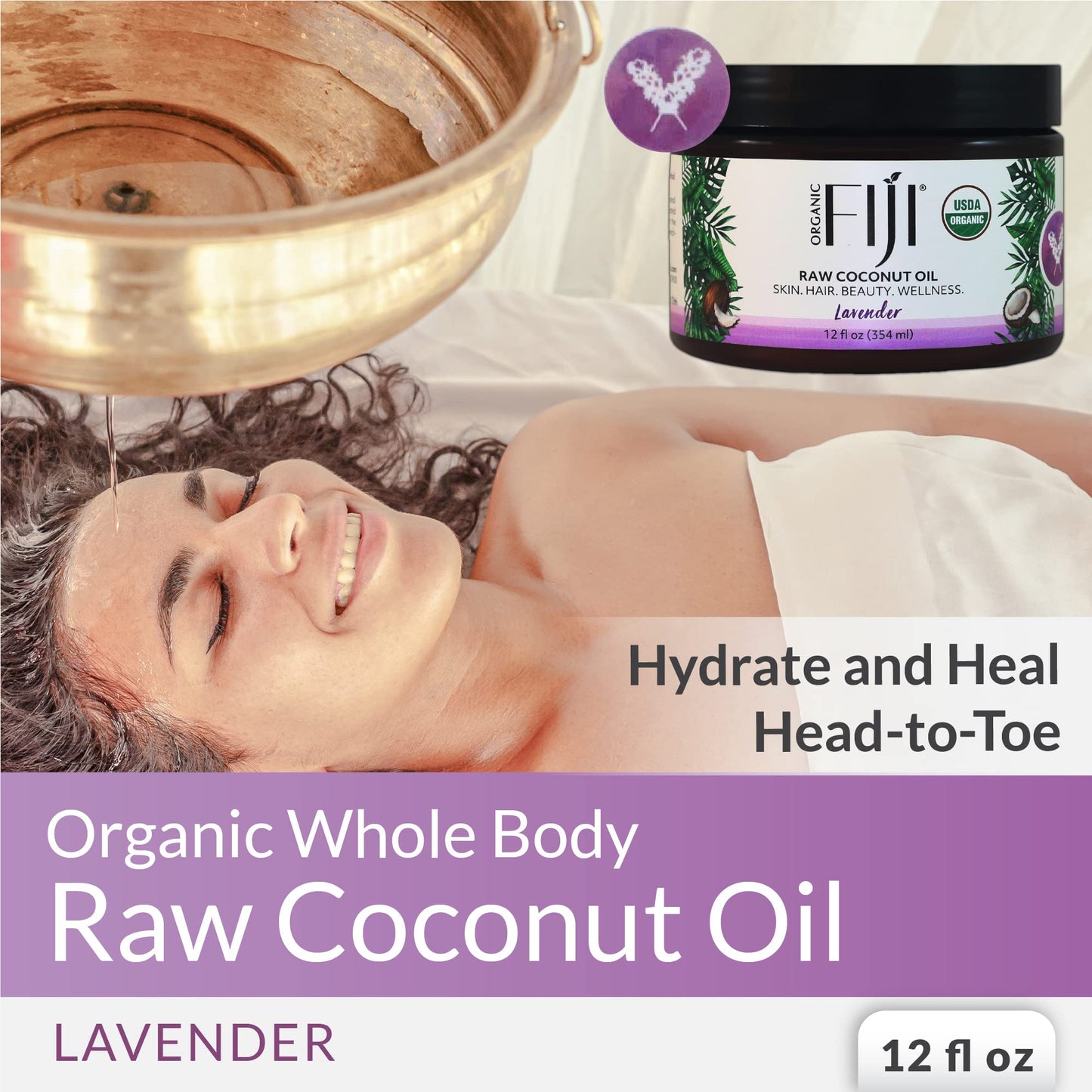 Organic Fiji Raw Cold Pressed Coconut Oil for Hair, Skin, Face & Body | Relaxing Massage Oil | Lavender,12 oz for Women Men & Baby Beauty & Personal Care Organic Fiji
