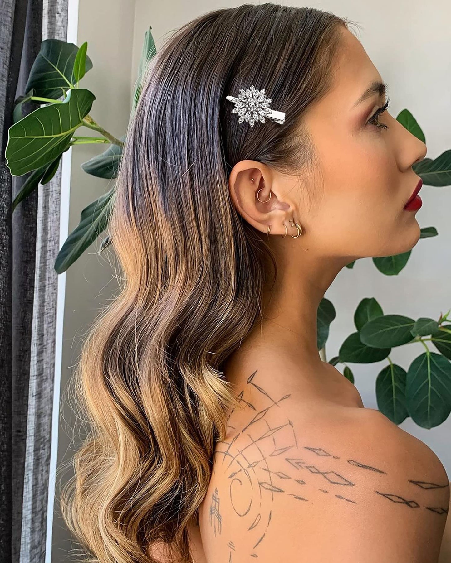 Crystal Hair Clips Large Sparkle Rhinestone Flower Design Alligator Metal Clip Non-Slip Floral Duckbill Hairpins Bling French Fancy Hair Barrettes Beauty & Personal Care HSWE