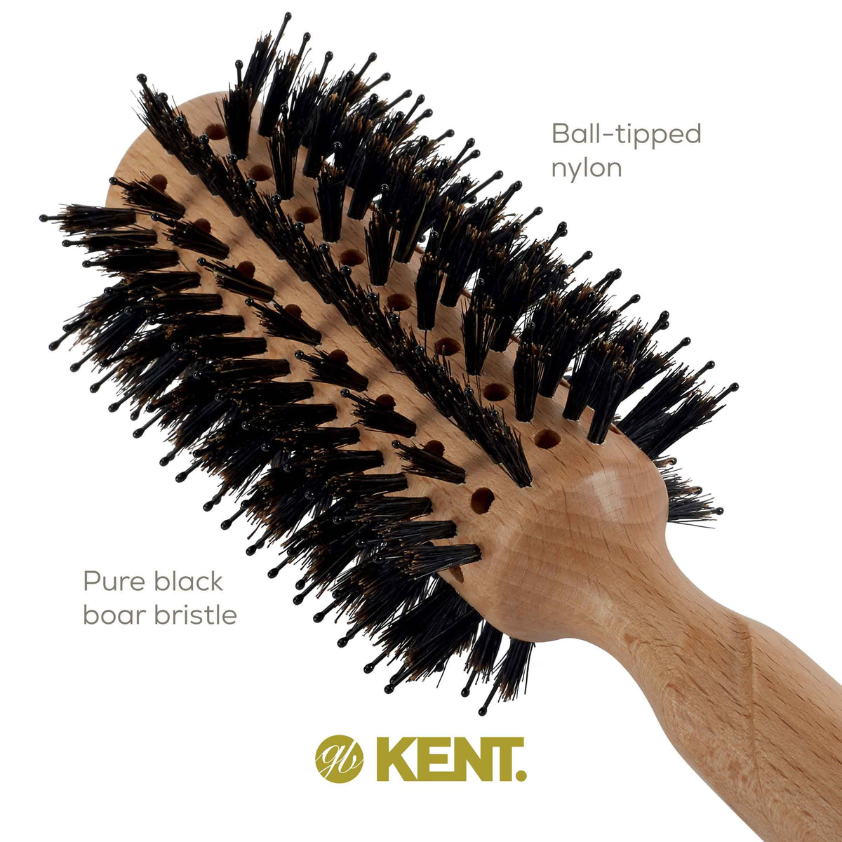 Kent LPF5 Pure Flow Large Vented Round Brush for Blow Drying - FSC Certified Beech Wood Brush Filled with Natural Boar Bristle and Nylon Bristle Hair