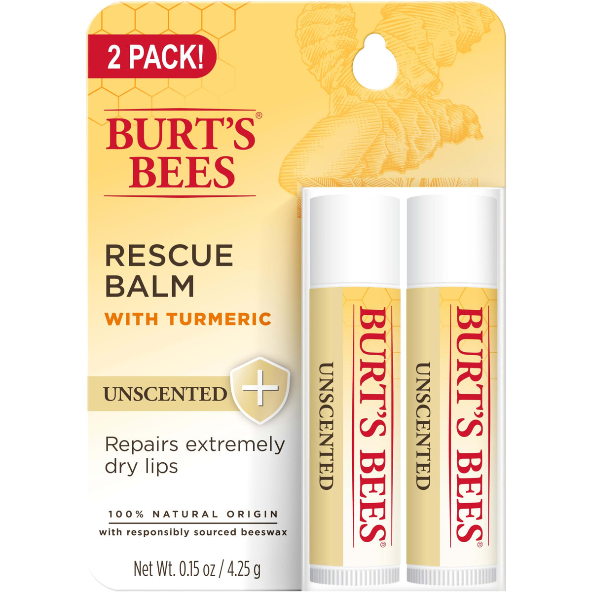 Burt's Bees Rescue Balm Unscented Lip Balm, With Antioxidant-Rich Turmeric, Tint-Free, Natural Origin Lip Care, 2 Tubes, 0.15 oz. Beauty & Personal Care Burt's Bees