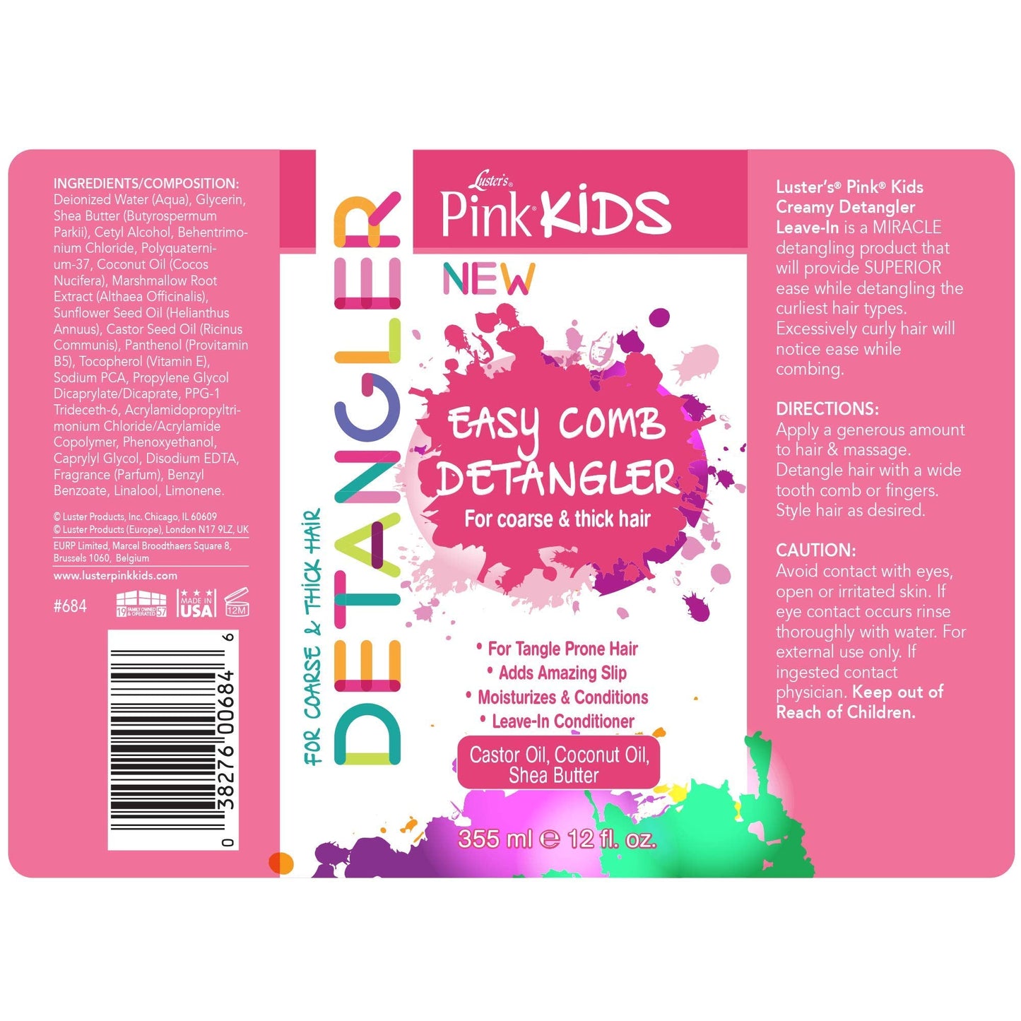 Luster's Pink Kids Easy Comb Detangler, 12 Ounce Made with Castor Oil, Coconut Oil and Shea Butter. Beauty & Personal Care Luster's