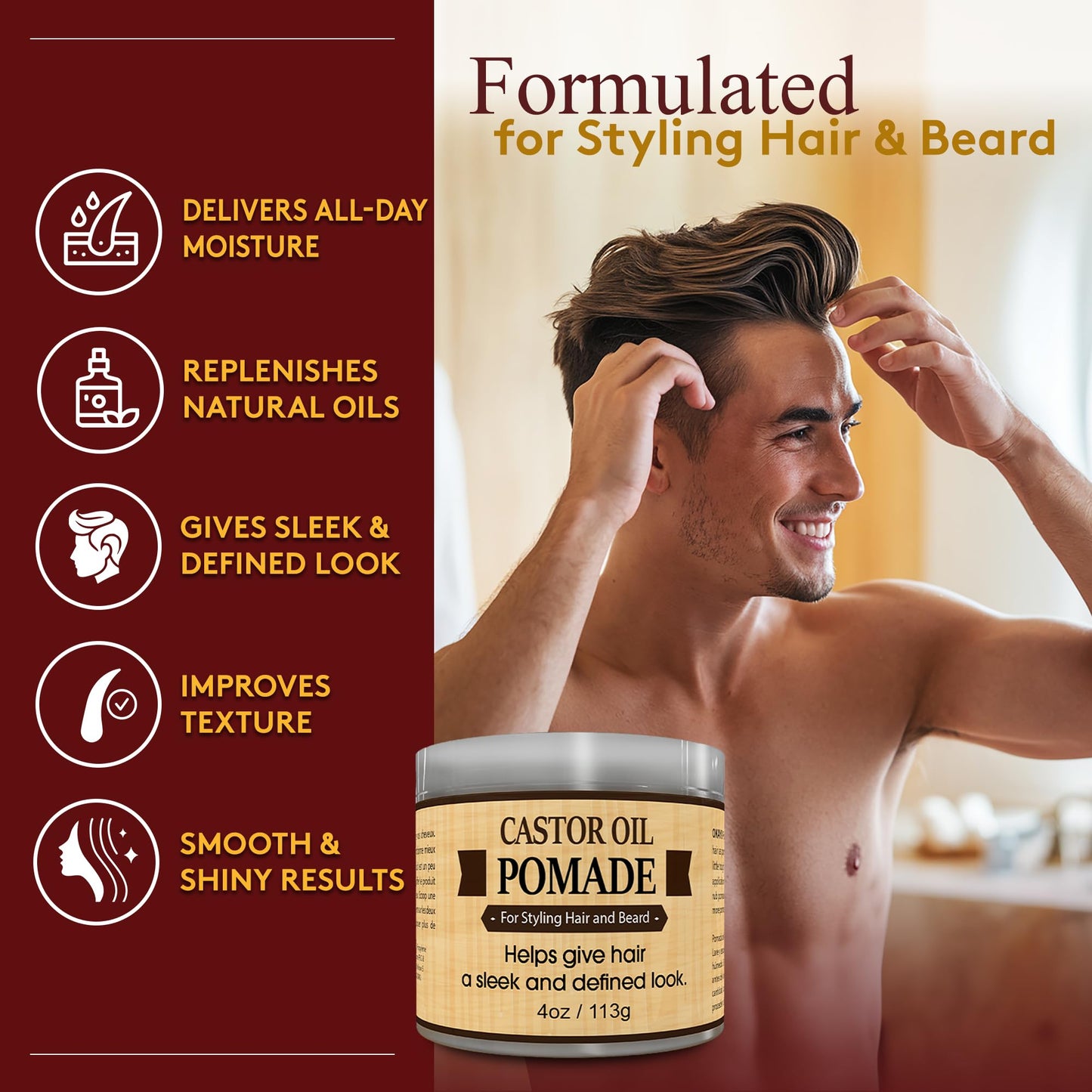 OKAY | Men's Castor Oil Beard and Hair Pomade | For All Hair Types & Textures | All Day Hold | Sleek, Defined Look | Free of Silicone & Paraben, Gray Beauty & Personal Care OKAY