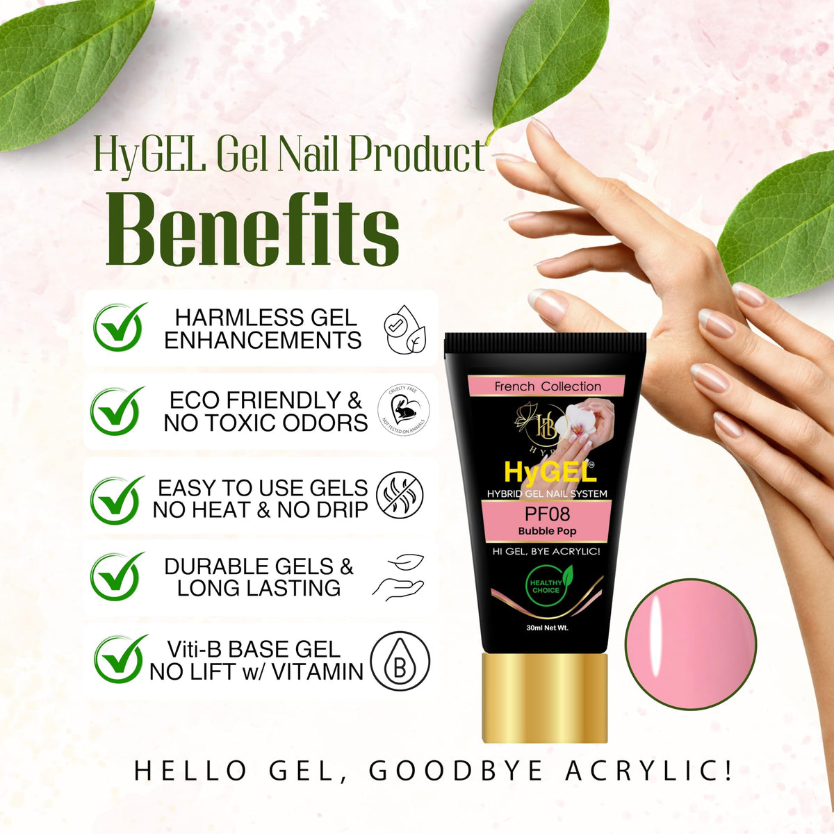 HyGEL 60ml Hybrid Gel Nail Polish, PF08 Bubble Pop Pink