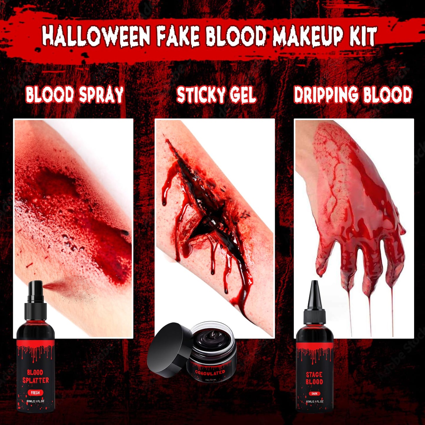 Halloween Fake Blood Makeup Kit, Blood Spray 2.1oz + Dripping 2.1oz + Coagulated 1.41oz(3PCS), Washable Realistic SFX Makeup for Cosplay, Clothes Beauty & Personal Care METINIMI