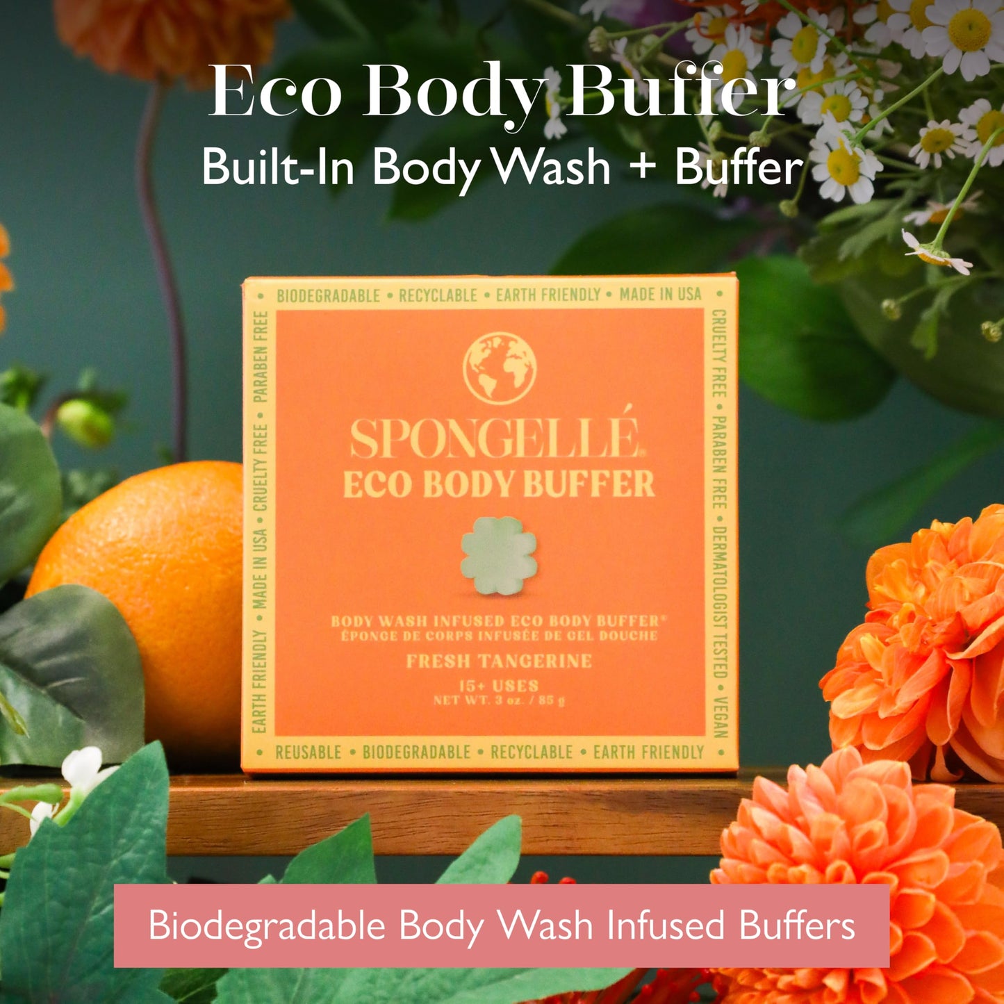 Spongelle Fresh Tangerine Eco Collection Body Buffer Body Scrubber - Bath & Shower Loofah for Men & Women - Biodegradable, Cruelty-Free, Vegan Beauty and Personal Care SPONGELLÉ