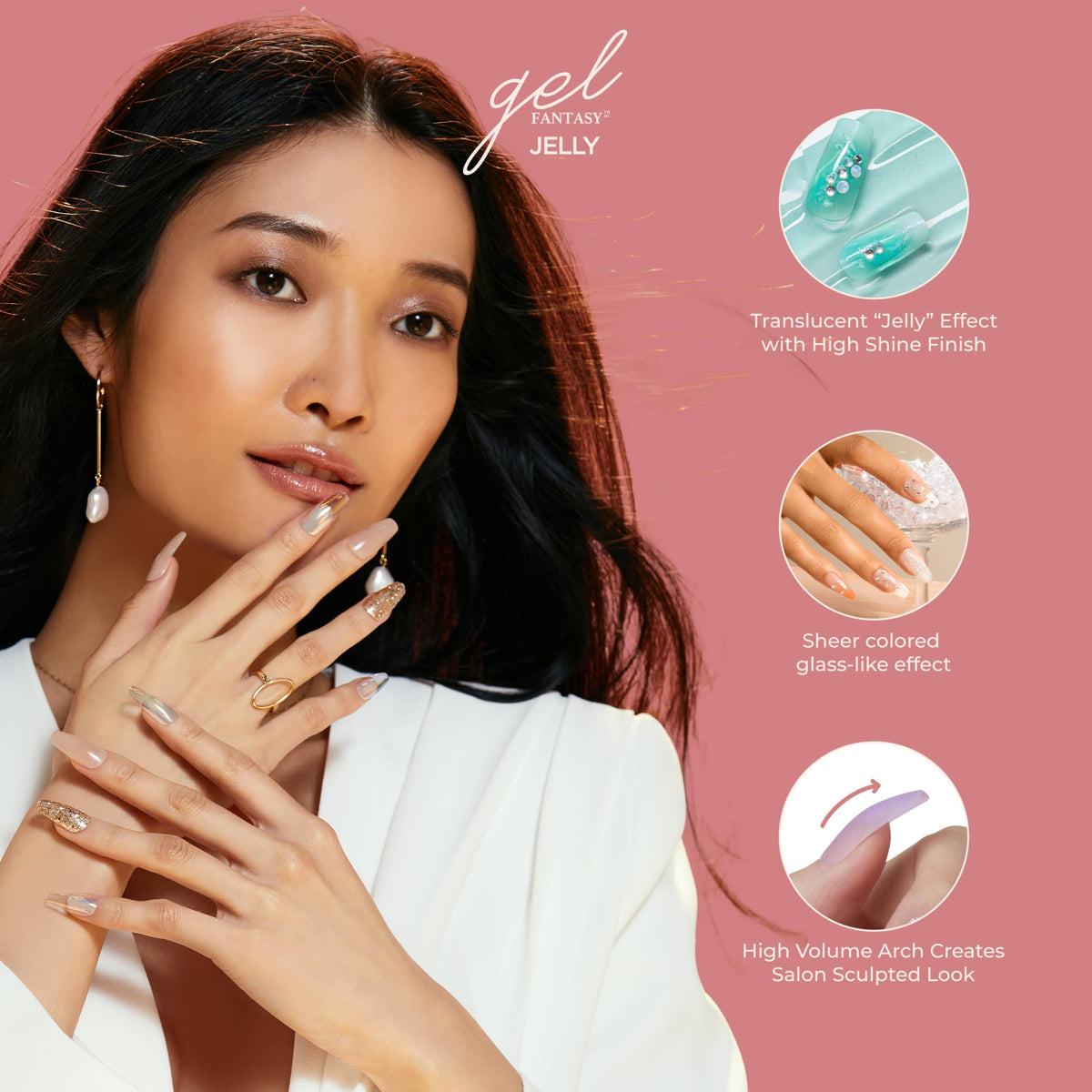 KISS Gel Fantasy Press On Nails, Nail glue included, 'Fun & Jelly', Pink, Medium Size, Coffin Shape, Includes 28 Nails, 2g glue, 1 Manicure Stick, 1