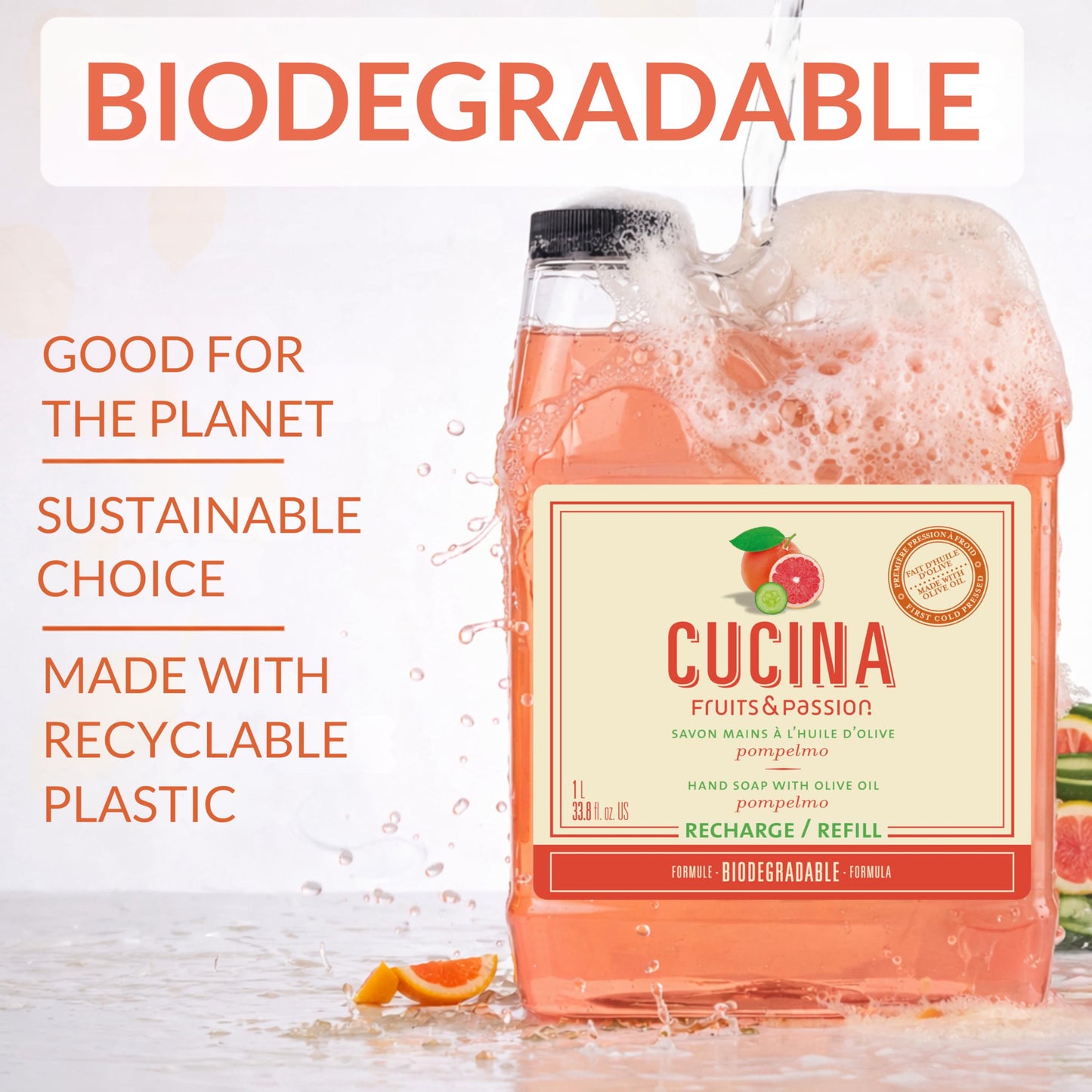 Cucina Fruits & Passion Hand Soap Refill, Pompelmo, 1 L (33.8 fl oz), Liquid Hand Soap with Moisturizing Olive Oil, Biodegradable, Vegan Formula Beauty & Personal Care Cucina