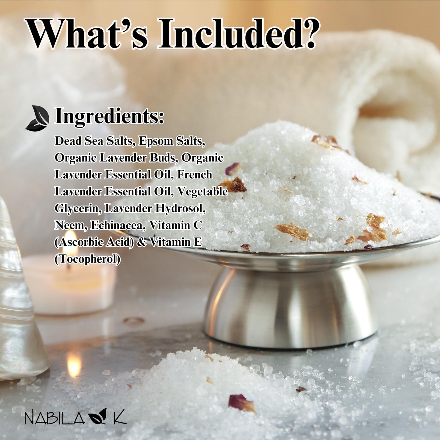 Organic Lavender Bath Salts for Women & Men - Dead Sea Salt & Epsom Salt Relaxing Soak and Scrub - Organic Buds & French Lavender Oil, Cruelty-Free Beauty and Personal Care Nabila K