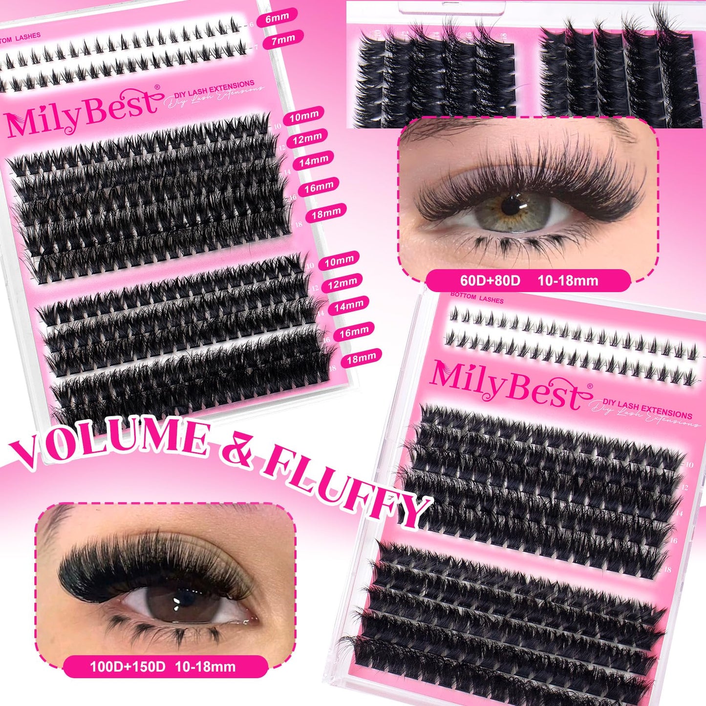 MilyBest 1238Pcs Lashes Clusters Kit with Spikes+Bottom, 6 Styles 50D/60D/80D/100D/150D Fox Eye Cluster Eyelash Extensions with Bond&Seal 10-18mm Beauty and Personal Care MilyBest
