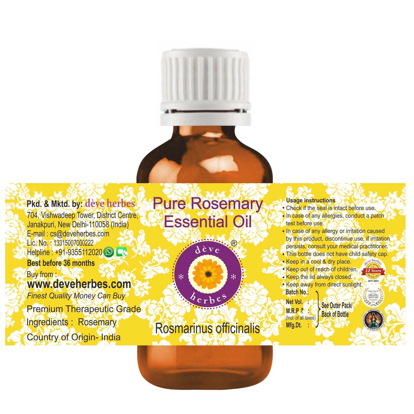 dève herbes Rosemary Essential Oil (Rosmarinus officinalis) Pure - Non-Sticky - Non-Greasy - Lightweight - Men & Women - All Skin Types - Steam Beauty and Personal Care dève herbes