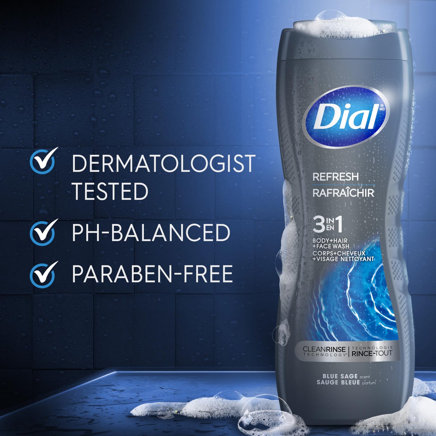 Dial Men 3 in 1 Body, Hair and Face Wash, Refresh, 16 Fl Oz (Pack of 4), Blue Sage Scent, Cleanses Deep + Gentle on Skin with Clean Rinse Technology Beauty & Personal Care Dial