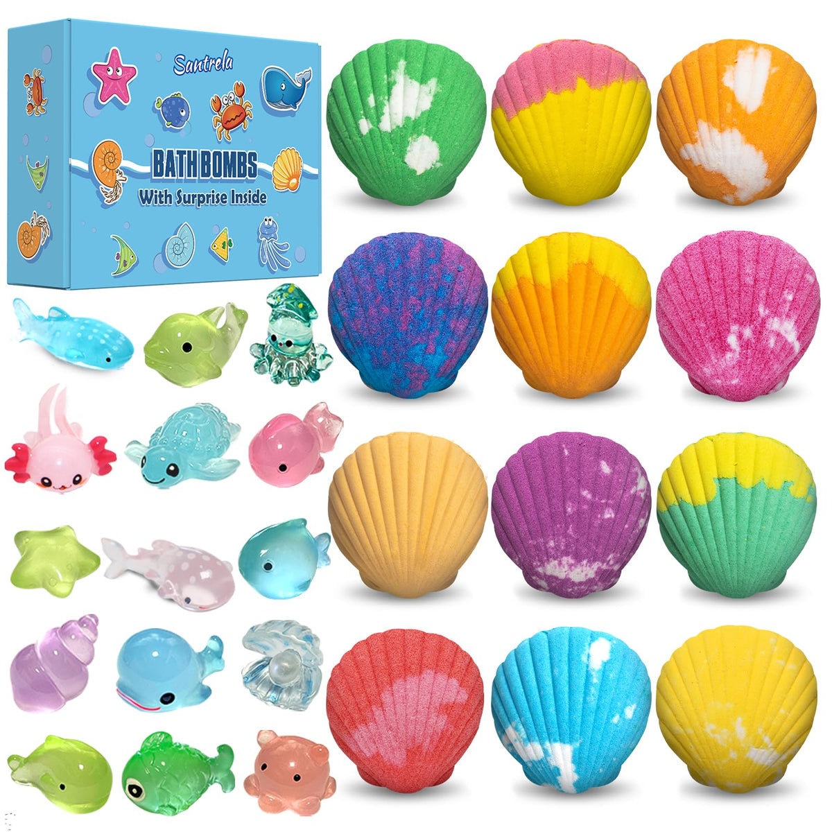 Bath Bombs for Kids with Surprise Toys Inside, 12 Pack Shell Kids Bath Bombs Gift Set for Girls Boys Birthday, Easter, Christmas, Halloween, Handmade… Beauty & Personal Care Santrela
