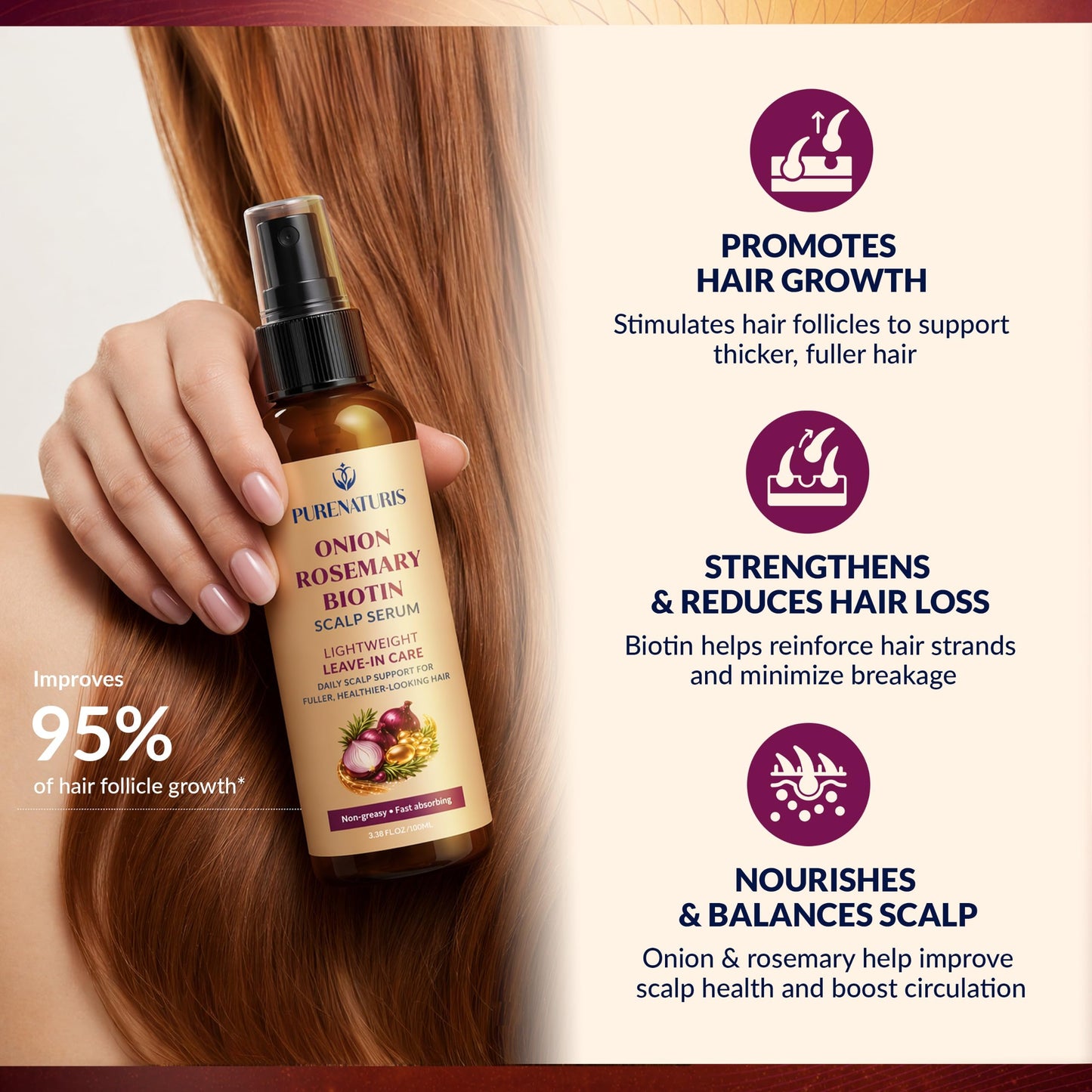 Onion Rosemary Biotin Hair Care Set - Sulfate Free Shampoo, Conditioner & Scalp Serum - Helps Strengthen Hair, Reduce Breakage & Support Fuller Beauty & Personal Care PureNaturis