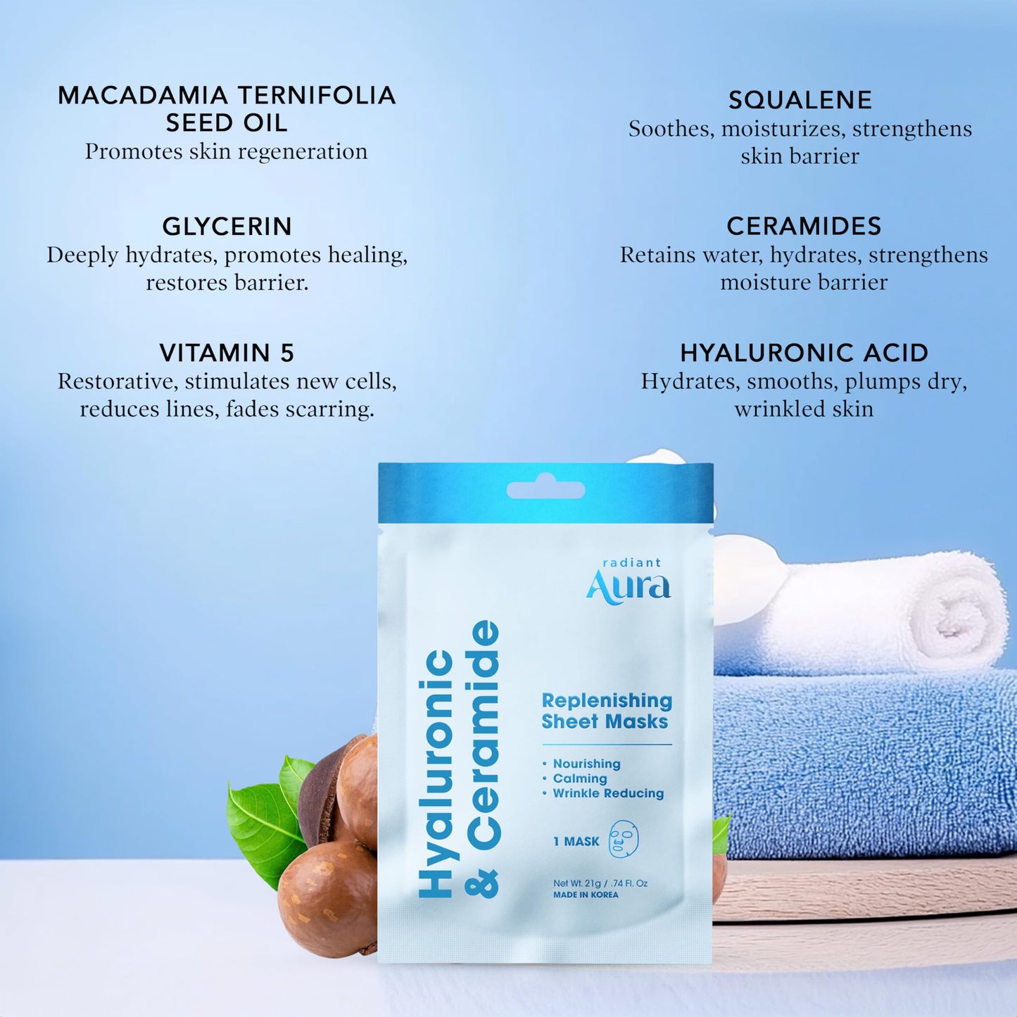 Radiant Aura Ceramide & Hyaluronic Acid Sheet Mask - Dermatologist Tested, Anti Aging, Korean Skin Care - Hydrates, Plumps Fine Lines, Supports Skin Beauty & Personal Care Radiant Aura