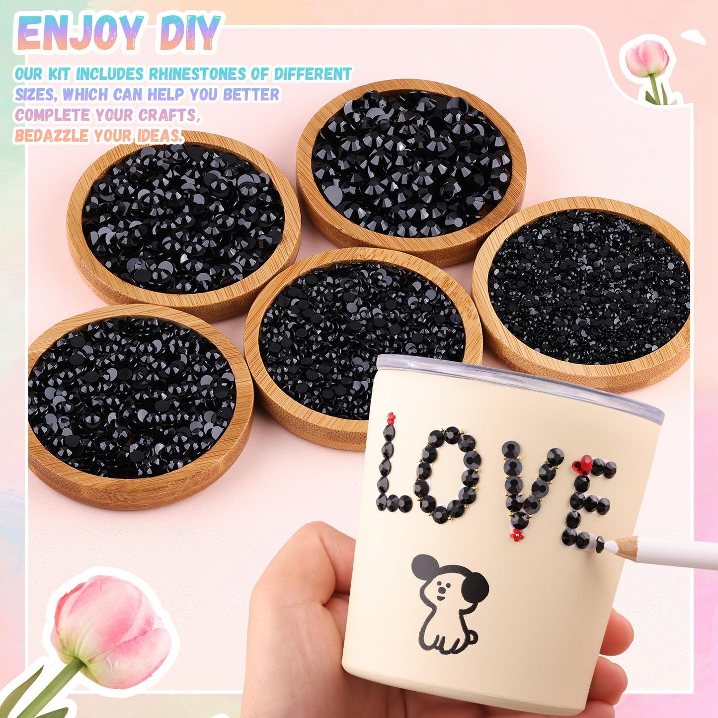 32000Pcs Resin Black Rhinestones with B7000 Jewelry Glue for Crafting, 2-6mm Non Hotfix Flatback Gems, Bedazzling Crystal for DIY Crafts Clothing