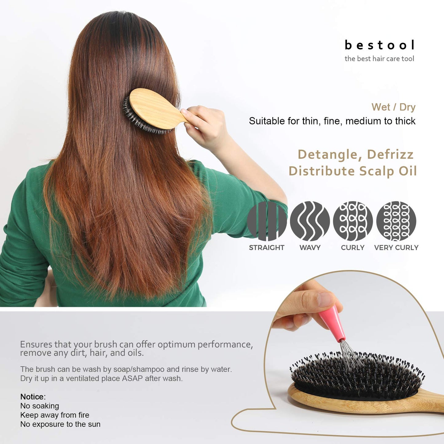 BESTOOL Hair Brush-Boar Bristle Hair Brushes Natural Bamboo Wooden Cushion Massage Anti Static Large Paddle Hairbrush for Women Men and Kid (Round) Beauty & Personal Care BESTOOL