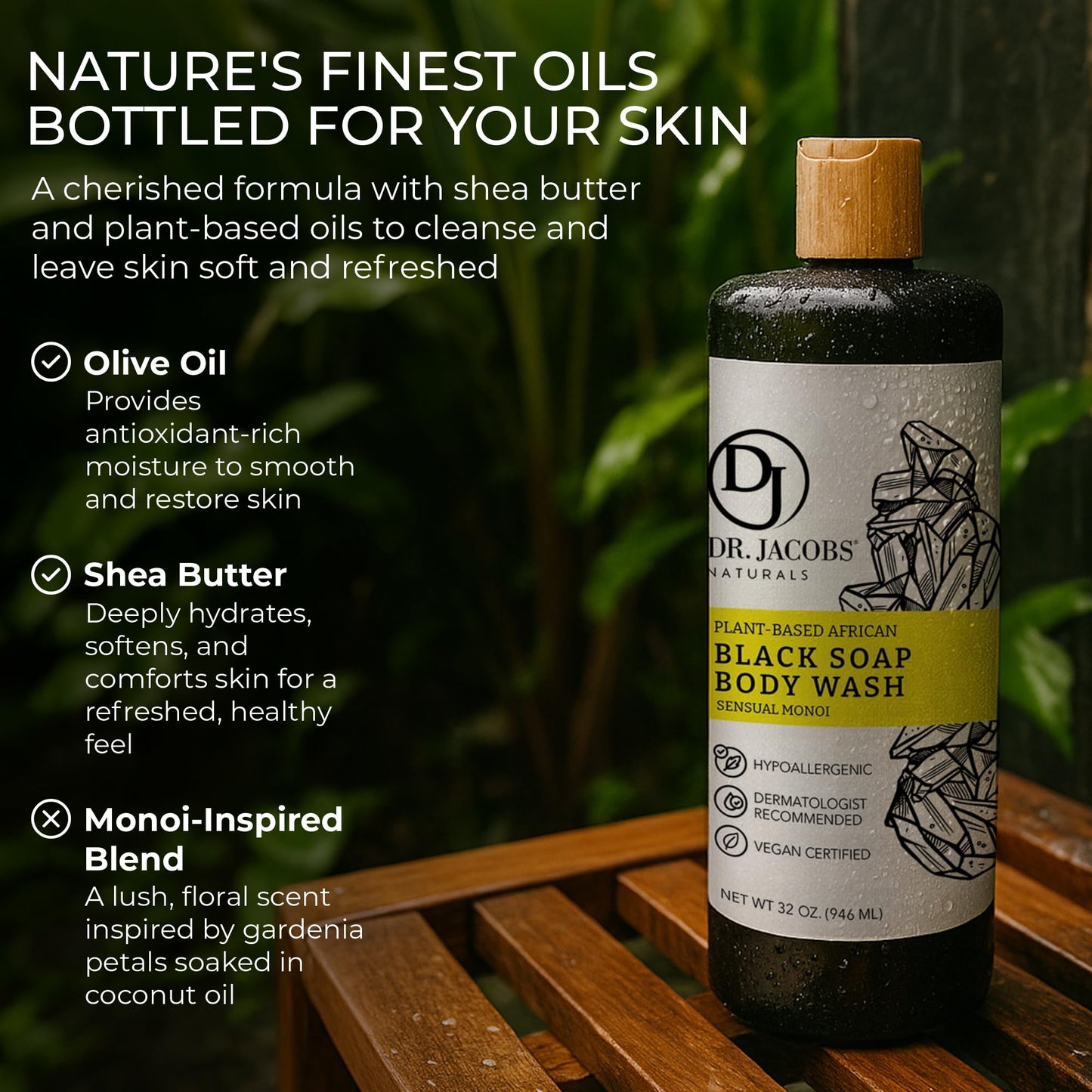 Dr Jacobs Naturals Authentic African Black Liquid Soap with Sensual Monoi Scent | All-In-One Face Wash, Sensitive Skin Body Wash, Shampoo, Shaving Beauty & Personal Care DR.JACOBS NATURALS