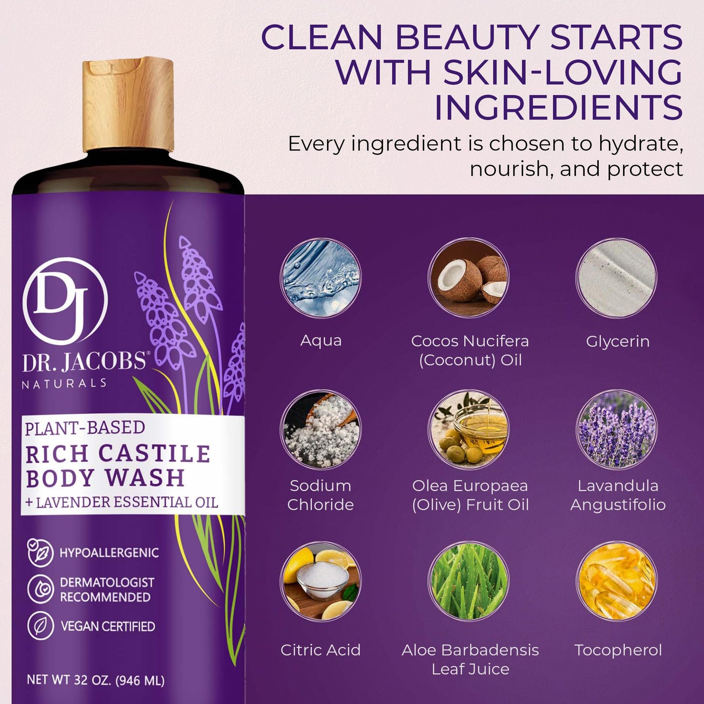 Dr. Jacobs Naturals Castile Lavender All-Natural Body Wash for Moisturizing Dry and Sensitive Skin with Plant-Based Ingredients with Pump - 32 Ounce Beauty & Personal Care DR.JACOBS NATURALS