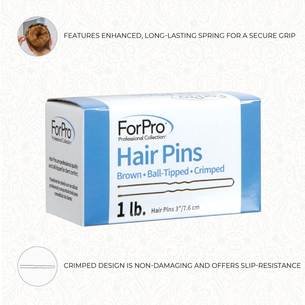 ForPro Hair Pins, 1lb/320ct, 3"L, Brown, Ball-Tipped, Crimped, Non-Damaging