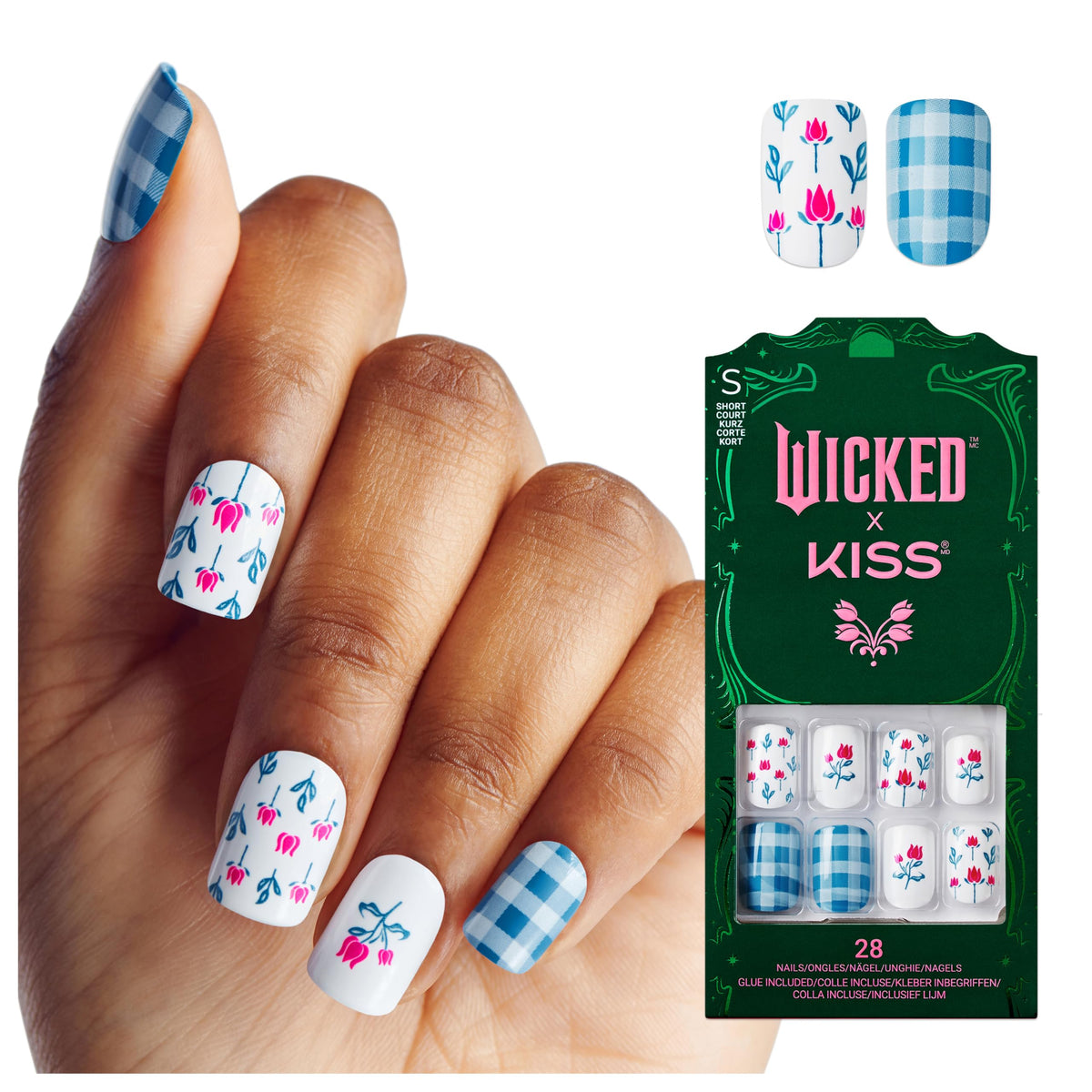 WICKED X KISS Press On Nails, ‘Marvelous Munchkinland’, Blue, Short Squoval, Waterproof, Chip Proof, Smudge Proof, 28 Fake Nails, Pink Gel Nail Glue