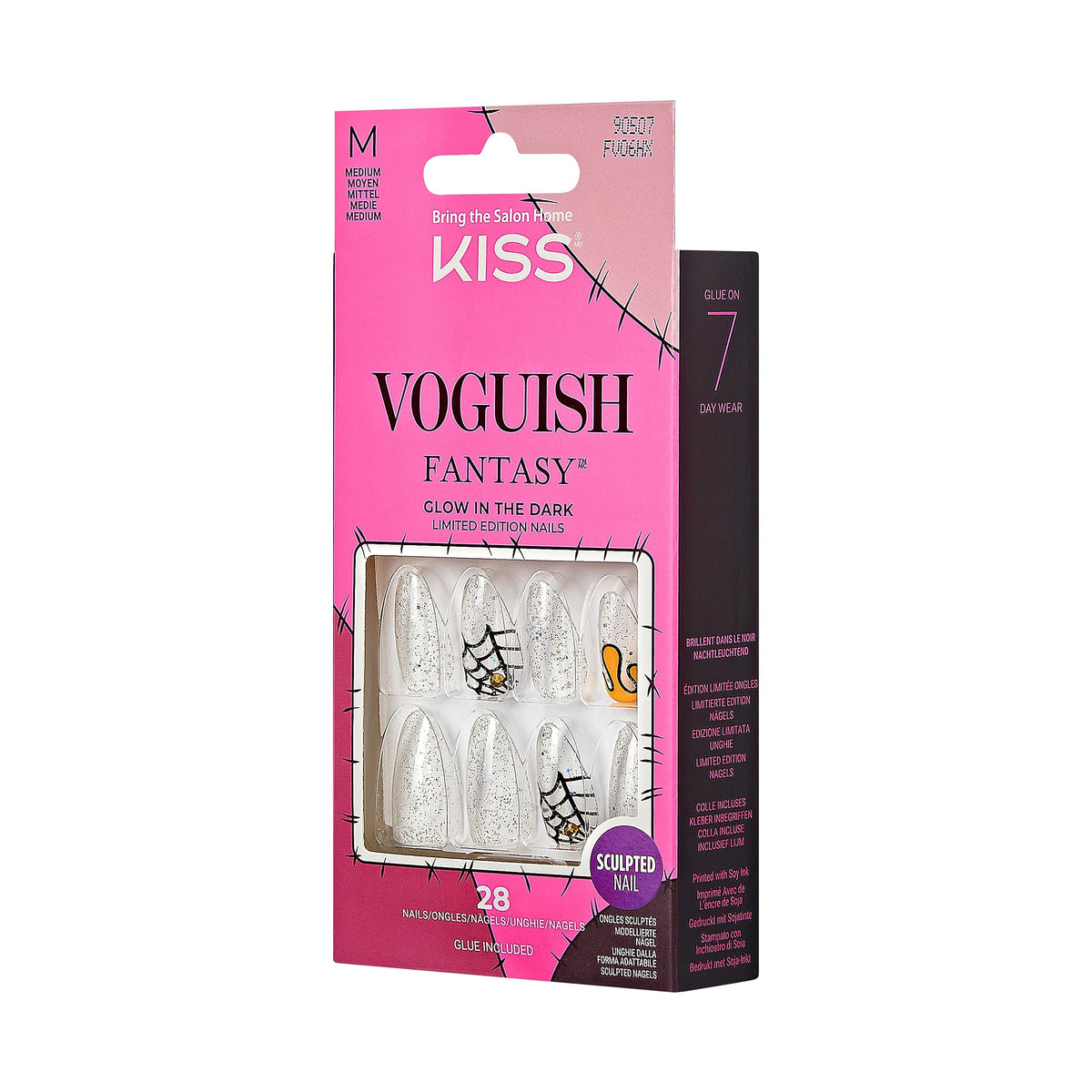 KISS Voguish Fantasy Halloween Nails, Black, Medium Length, Almond Shape, Pink Gel Nail Glue (2g), Mini Nail File, Manicure Stick, & 28 Fake Nails
