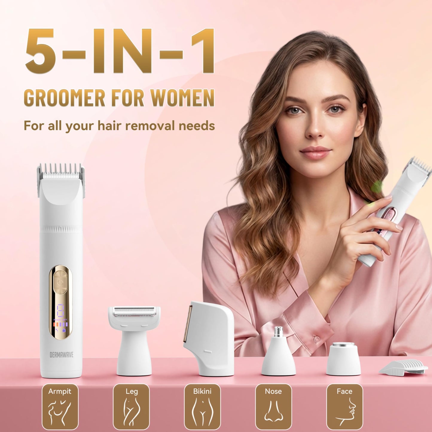 DERMAWAVE 5-in-1 Electric Bikini Trimmer for Women Pubic Hair, Waterproof Electric Razor Foil Shaver Hair Trimmer Epilator for Face, Nose, Ear, Bikini Beauty and Personal Care DERMAWAVE