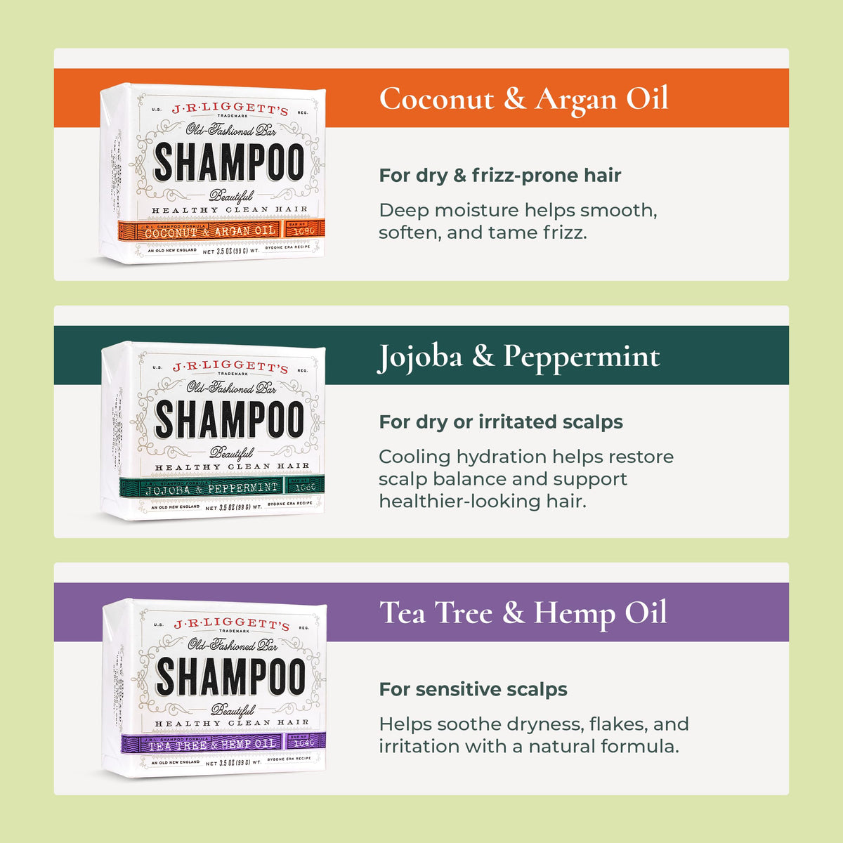 J.R.LIGGETT'S All-Natural Shampoo Bar, Supports Strong & Healthy Hair (Tea Tree, Jojoba & Peppermint, Coconut & Argan Oil, 3-Pack)
