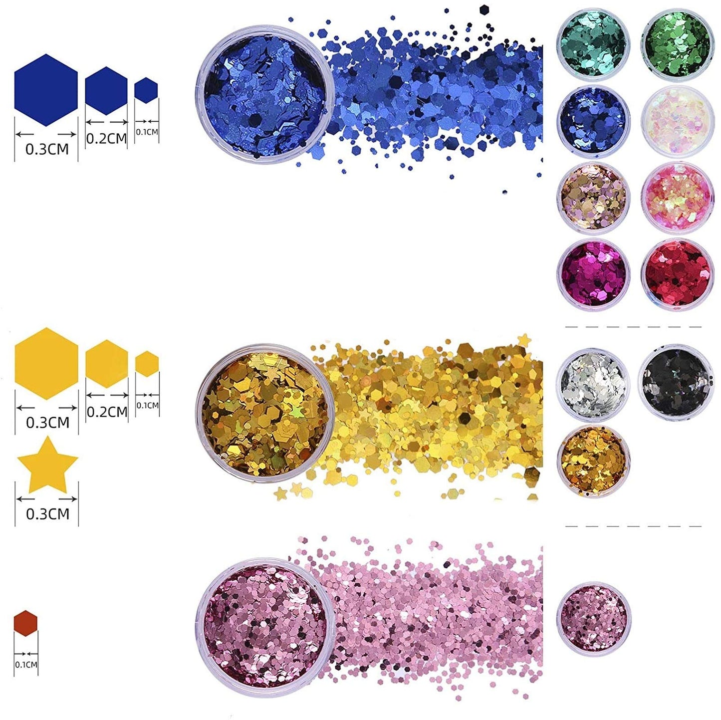 Komanic Chunky Glitter 12 Colors Face Body Eye Hair Nail Festival Holographic Stars and Hexagons Craft Glitter for Resin/Tumblers/Slime, Festival Beauty & Personal Care Greenf