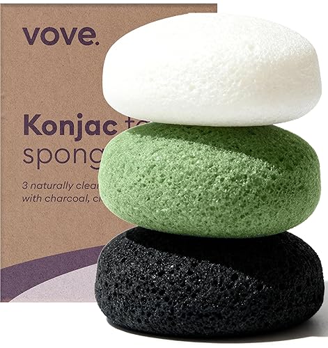 Vove Organic Konjac Facial Sponges 3-Pack - Natural Face Exfoliating Sponges with Bamboo Charcoal & Green Clay, Gentle Cleansing for All Skin Types Beauty & Personal Care Vove