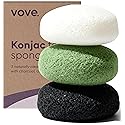 Vove Organic Konjac Facial Sponges 3-Pack - Natural Face Exfoliating Sponges with Bamboo Charcoal & Green Clay, Gentle Cleansing for All Skin Types Beauty & Personal Care Vove