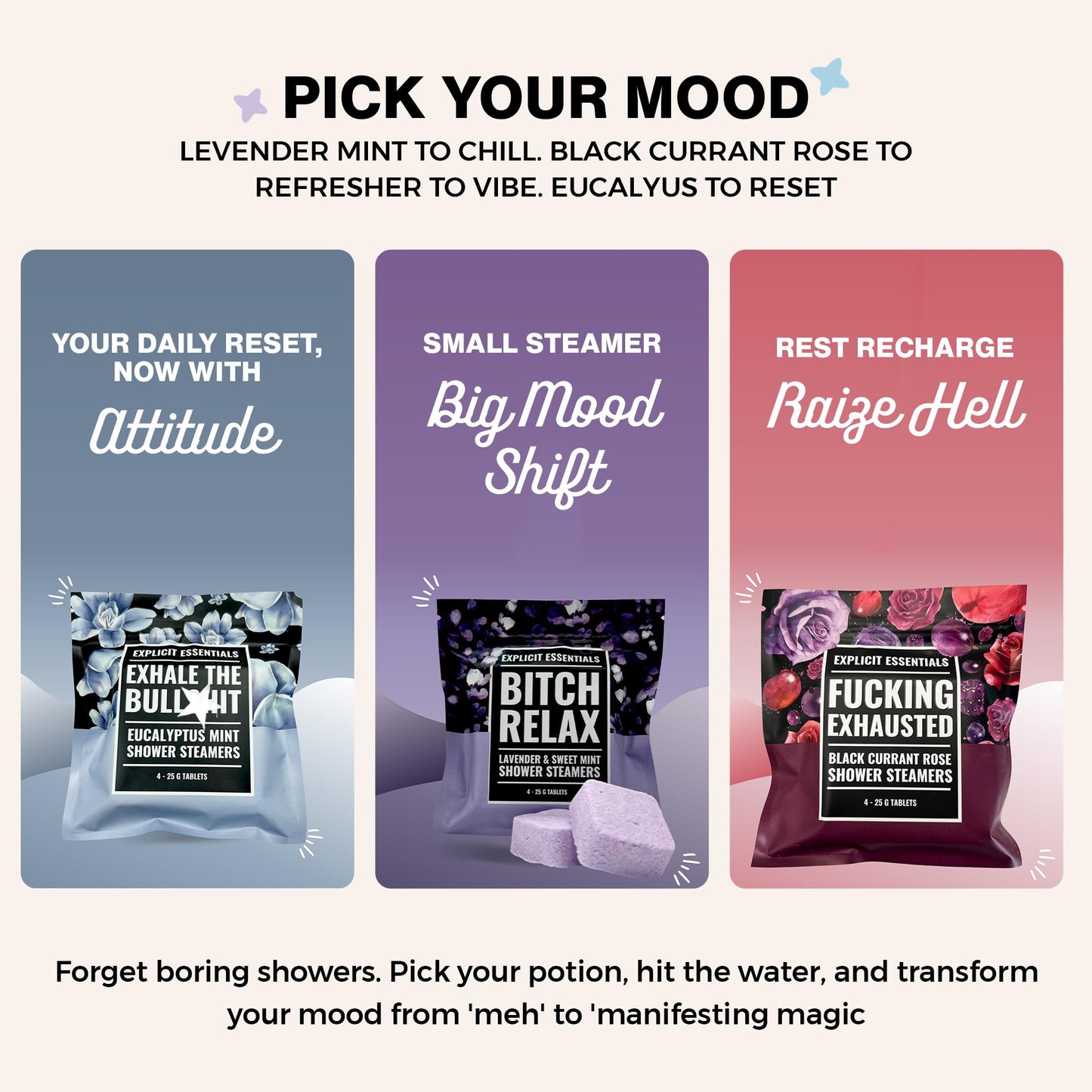 Explicit Essentials Shower Steamers Gift Set - 12 Aromatherapy Shower Steamers (3 Scent Trio) - Black Currant Rose, Lavender Mint & Eucalyptus Mint Beauty and Personal Care Explicit Essentials