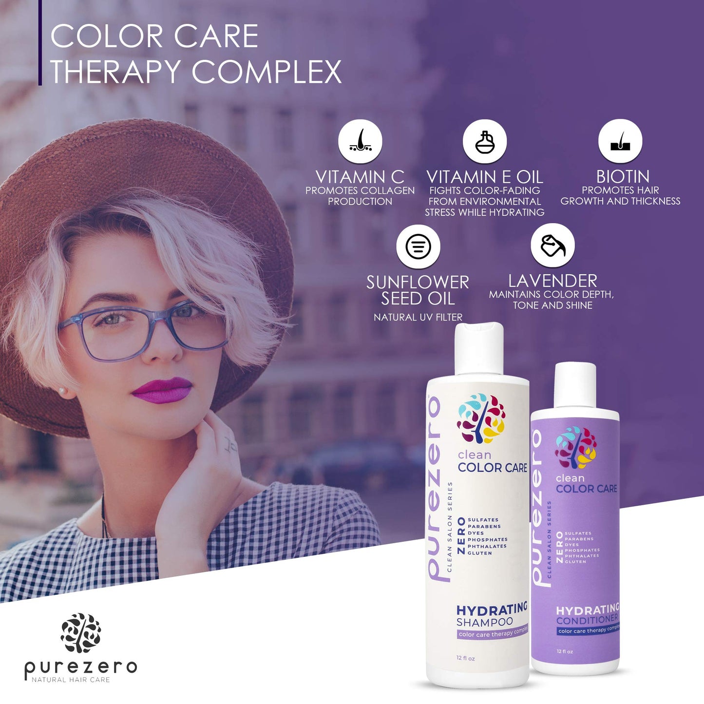 Purezero Clean Color Care Hydrating Shampoo & Conditioner Set - Toning, Balance for Color Treated Hair - Hydrate Dry Hair - Zero Sulfates, Parabens Beauty & Personal Care Purezero