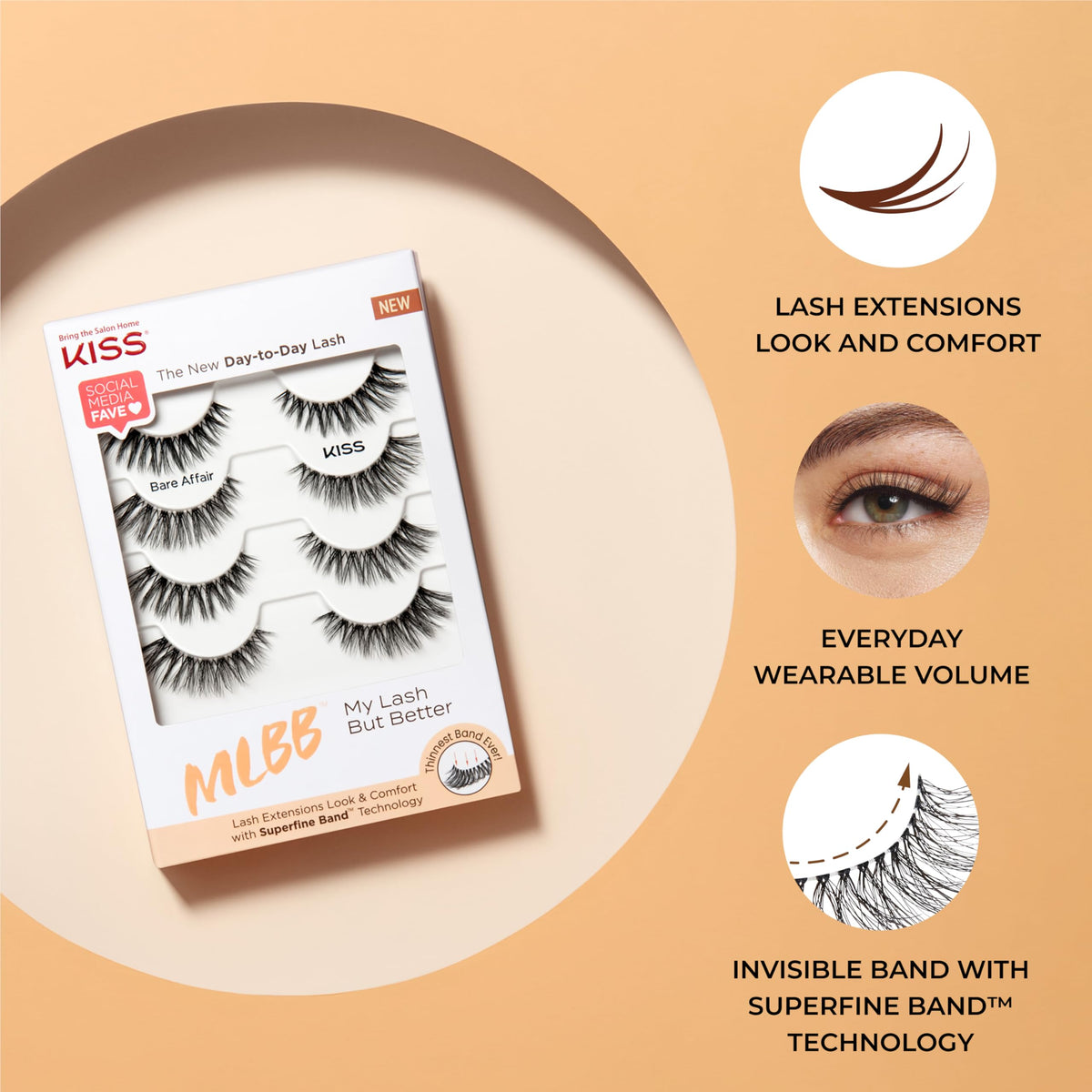 Kiss MLBB False Eyelashes, My Lash But Better, Bare Affair, 4 Pairs, 12mm, Lightweight, Stylish, Wispy Everyday Wear Strip Lashes, Superfine Band