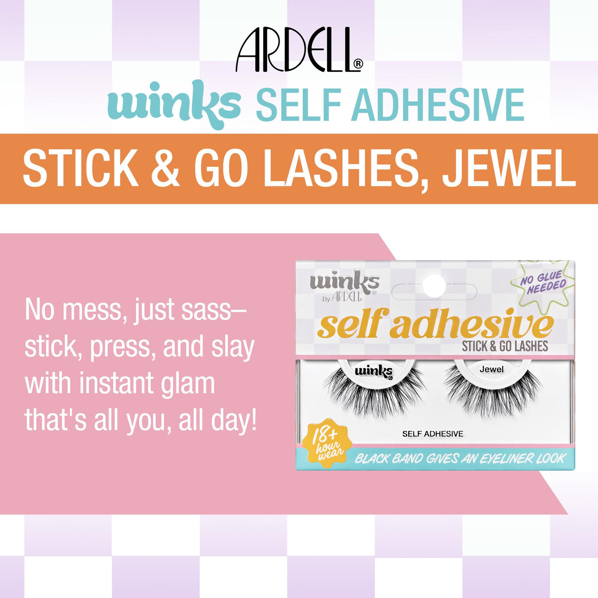 Ardell Winks Self Adhesive Eyelashes - Jewel Style, Press on Lashes No Glue Needed, Stick On Lashes with Black Band Eyeliner Effect for Eyelashes